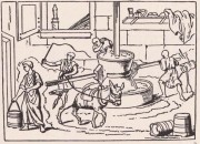 Oud-Romeinse graanmolen, hier aangedreven door een ezel en een slaaf. Uit 'Zesduizend jaar brood' van H.F. Jacob.