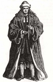 Deze 18e eeuwse kraamheer in vol ornaat biedt een kom kandeel aan