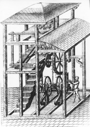 Tekening van Ã©Ã©n van de eerste graanmolens van omstreeks 100 n. Chr.